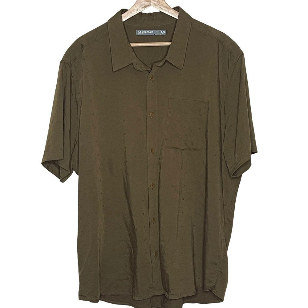Icebreaker Merino Wool Blend Short Sleeve Button Down Shirt XXL Olive Green Mens